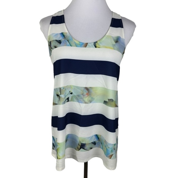 Kenar Tops - Kenar Lightwieght Scoop Neck Sleeveless Blouse Women's Medium White Navy Green